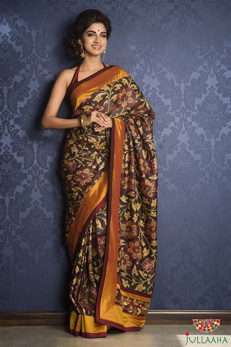 A complete handpainted kalamkari saree in Tussar Silk with heavy embroidery in pallu | Kalamkari ...