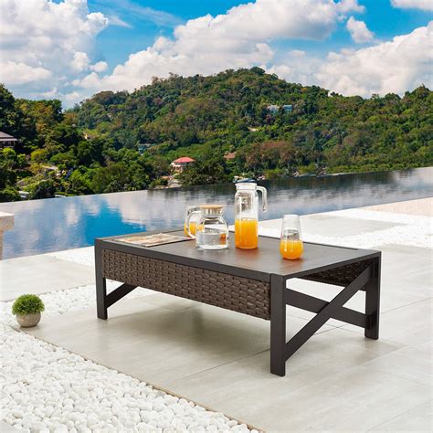 Buy Festival Depot Patio Coffee Table Wicker Table with Wood Grain Top Rattan Outdoor Furniture ...
