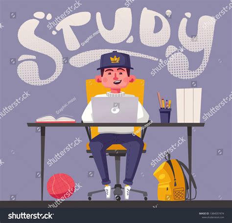 Student Schoolboy Studying Computer Cartoon Vector Stock Vector ...