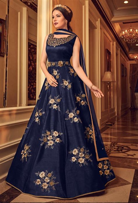 Navy Blue Art Silk Designer Achkan Style Suit | Indian gowns, Silk ...