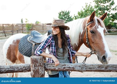 Happy Attractive Young Woman Cowgirl with Horse on Ranch Stock Photo - Image of cowboy, girl ...