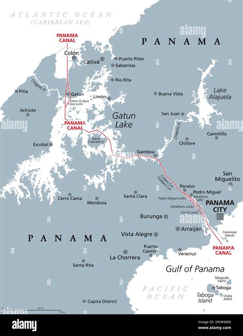 Panama Canal, gray political map. Artificial waterway in Panama ...