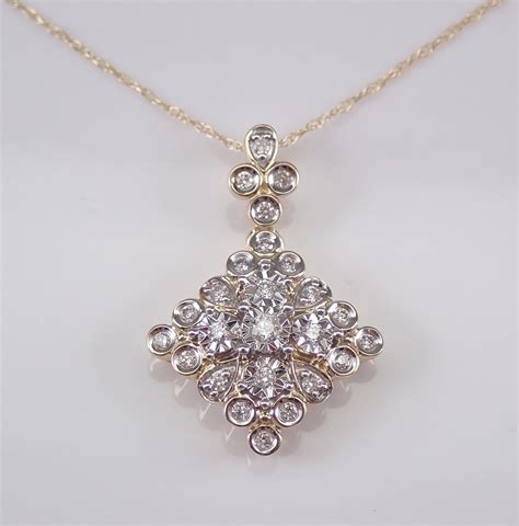 RESERVED Diamond Cluster Pendant Yellow Gold Wedding Necklace Drop Slide Chain 18