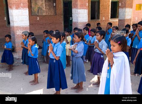 School portrait in elementary school with costumes praying near Jodhpur in town of Rinawey Upper ...