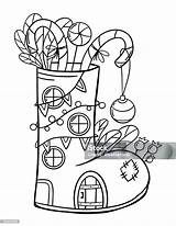 Magic Christmas Boot House Coloring Page Outline Winter Illustration  sketch template