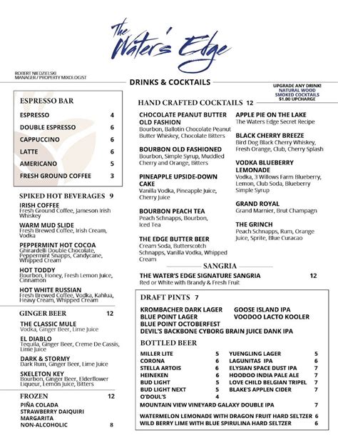 Menu at The Water's Edge Restaurant, Mount Pocono