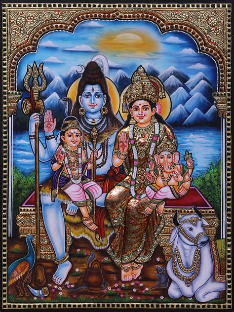 Lord Shiva with Devi Parvati, Baal Ganesha, Kartikeya and Nandi Tanjore ...