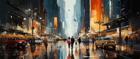 Premium AI Image | a painting of people walking in the rain.