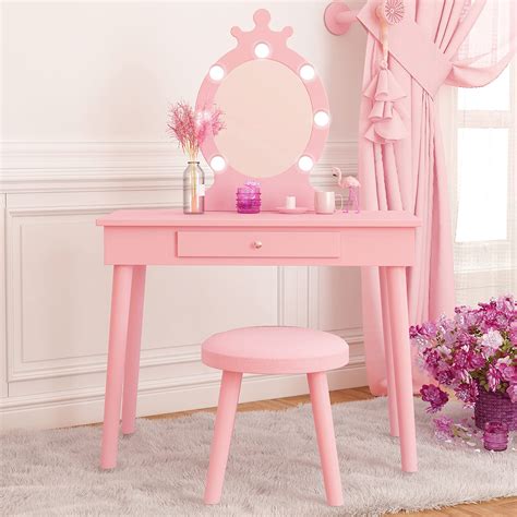 Buy VabchesKids Vanity Set with Mirror and Stool, Children Makeup Dressing Table with Lights ...
