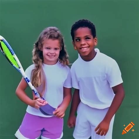 Vintage polaroid of children playing tennis