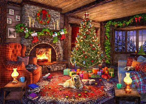 Cozy Cabin Christmas, fire, ornaments, tree, digital, room, dog, artwork, chimney, HD wallpaper ...