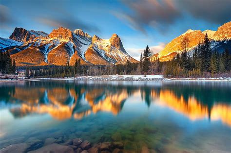 HD wallpaper: Canada, Alberta, Canmore, green pine tree, river, morning ...