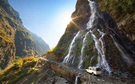 nature, Landscape, Mountain, Waterfall, Sun Rays, Dirt Road, Vehicle ...