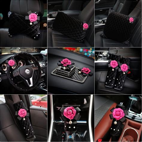 Black Velvet w/Pink Camellia Car Accessories - Steering wheel Cover, S – Carsoda