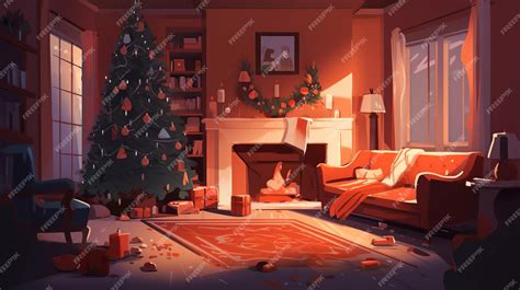 Premium AI Image | A christmas scene with a fireplace and a tree in the ...