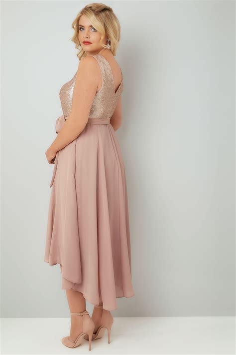 Dusty Pink Midi Dress With Sequin Bodice & Waist Tie, Plus size 16 to 36
