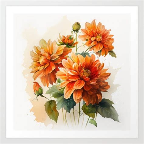 Shop Orange Dahlias Art Print by vanoverdesigns on Society6! Watercolor ...