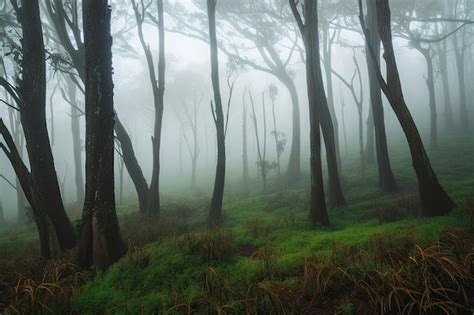 Premium AI Image | Exotic foggy forest with towering trees mist ...