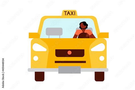 Female taxi driver, black woman driving yellow cab. Flat vector illustration isolated on white ...