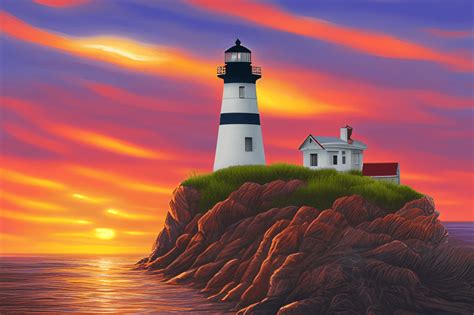 Lighthouse Sunset Painting · Creative Fabrica