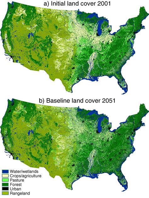 Land-use patterns in 2001 and (b) land-use projections for 2051 ...