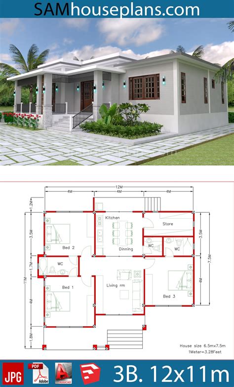 House Plans 12x11m with 3 Bedrooms - Sam House Plans | House plan ...