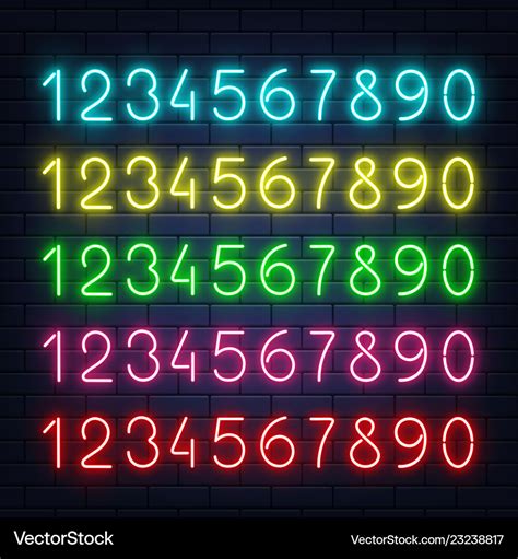 Glowing neon numbers set on brick wall Royalty Free Vector