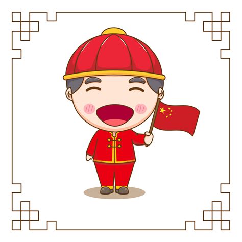 Cute Chinese boy holding flag chibi cartoon character. Flat design ...