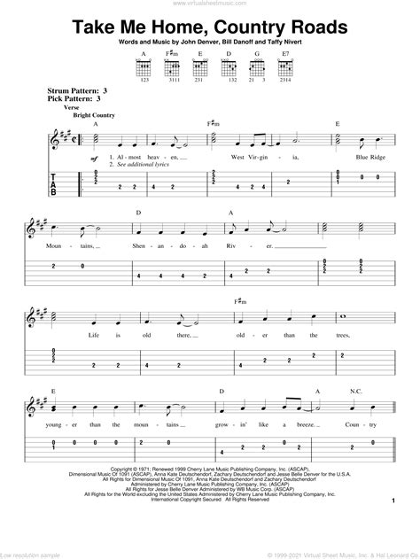 Denver - Take Me Home, Country Roads sheet music (easy) for guitar solo (easy tablature)