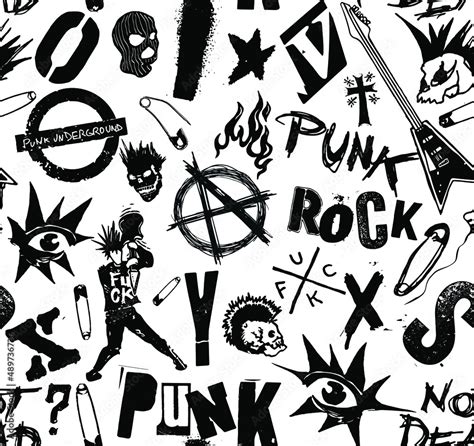 Vector black and white seamless pattern of punk and anarchy symbols, skulls, guitars and ...