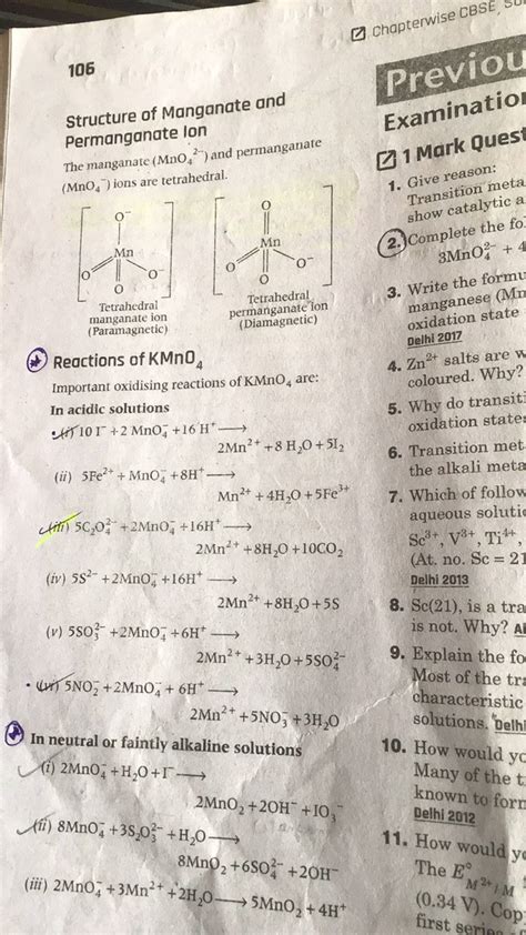 chapterwise CBSE, 106 Structure of Manganate and Permanganate Ion The m..