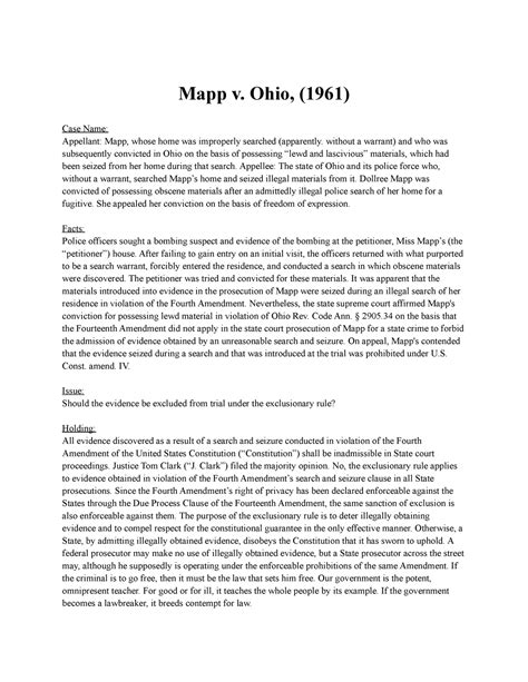 Mapp v. ohio case brief - Haley Taylor - Mapp v. Ohio, (1961) Case Name: Appellant: Mapp, whose ...