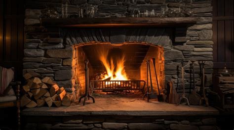 Premium AI Image | A roaring fire in a stone fireplace