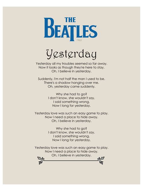 Yesterday Print the Beatles Beatles Lyrics From the Singles Collection Beatles Gift Beatles Gift ...