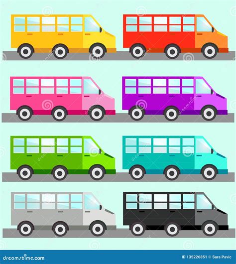 Colorful Buses Transport in Eight Colors Stock Illustration - Illustration of purple, yellow ...