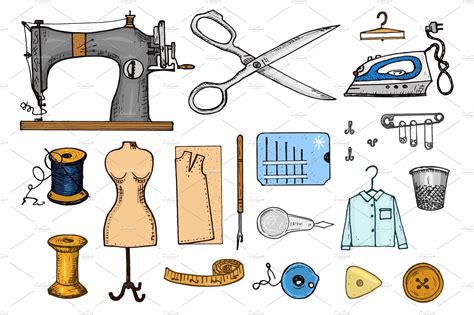 Set of sewing tools and materials or elements for needlework. Handmade ...