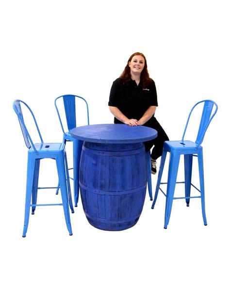Coloured Rustic Barrel Poseur Table + Metal Stools (Blue) | Event Prop Hire
