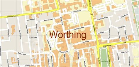 Worthing Area UK Map Vector City Plan High Detailed Street Map editable Adobe Illustrator in layers