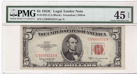 Lot-Art | 5 Dollar Bill 1953 "Red Seal", Unites States , PMG 45 EPQ