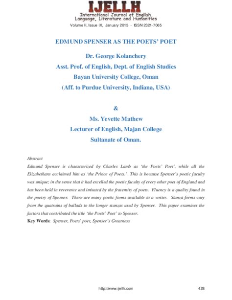 (PDF) Edmund Spenser: The Poet’s Poet and His Unique Mastery