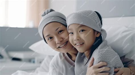 Premium Photo | A young adult cancer sufferer cuddles up to her daughter on a hospital bed ...