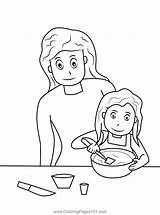 Mom Teaching Daughter Cooking In Kitchen Coloring Page For Kids  Free sketch template
