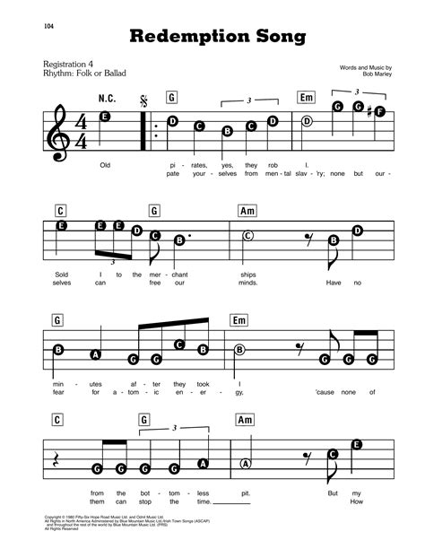 Redemption Song by Bob Marley Sheet Music for E-Z Play Today at Sheet Music Direct