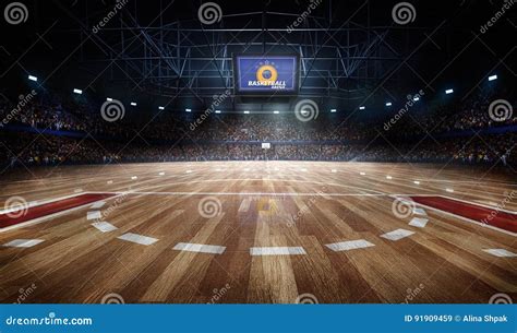 Professional Basketball Court Arena In Lights With Fans 3d Rendering ...