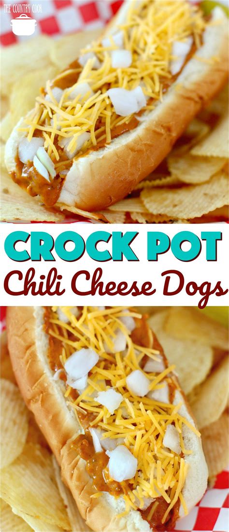 Crock Pot Chili Cheese Dogs recipe from The Country Cook #crockpot #slowcooker #chili #cheese # ...