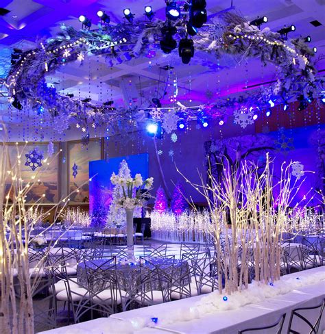 Winter wonderland party with snowflakes with sparkling branches ~ #wedding #decor #lighting # ...