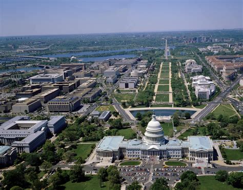 Aerial view from above the U.S. Capitol, looking west along the ...