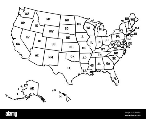 Map of United States of America, USA, with state postal abbreviations. Simple black outline map ...