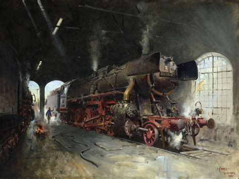 a painting of an old steam engine in a train station