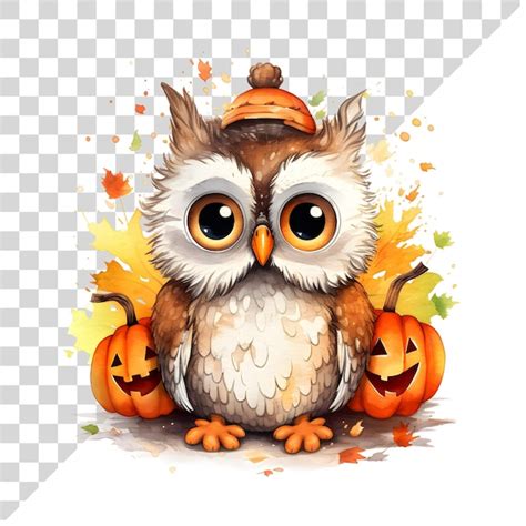 Premium PSD | Watercolor cute clipart halloween owl with pumpkin on transparent background